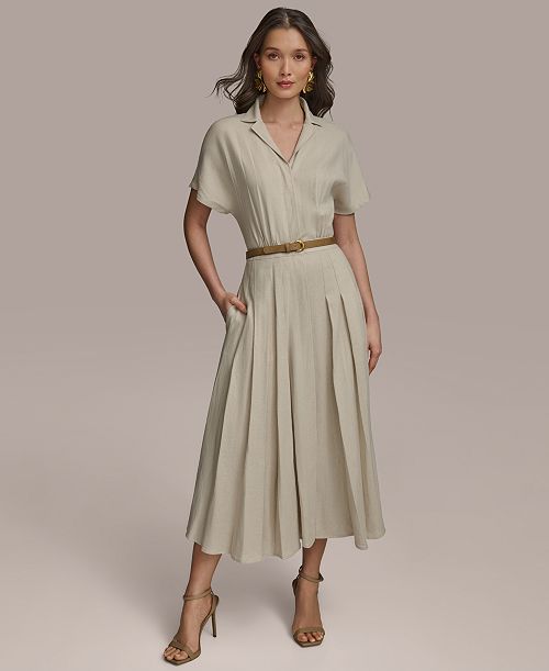 Donna Karan New York Women's Linen-Blend Belted Shirtdress Women's Fashion Shoes & Accessories