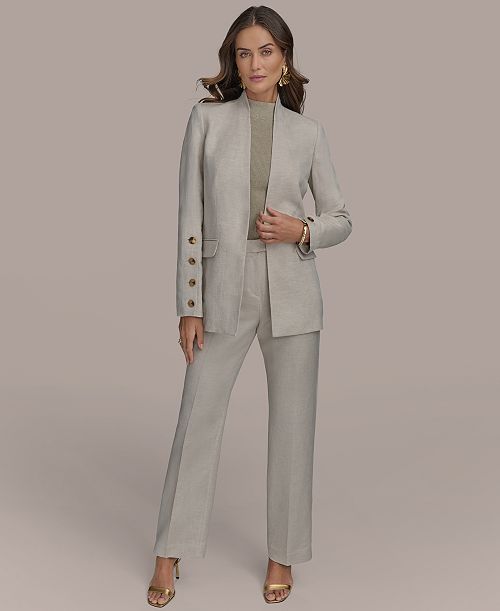 Donna Karan New York Women's Linen Blend Blazer & Straight Leg Pants Women's Fashion Shoes & Accessories