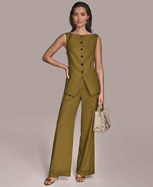 Donna Karan New York Women's Linen-Blend Button-Front Vest & Belted Pants Regular & Petite Women's Fashion Shoes & Accessories