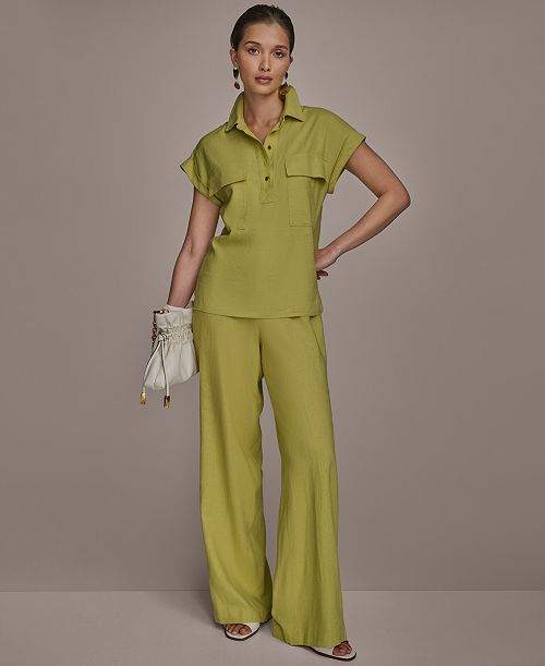 Donna Karan New York Women's Linen-Blend Cap Sleeve Collared Shirt & Wide-Leg Pants Women's Fashion Shoes & Accessories