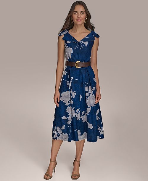 Donna Karan New York Women's Linen-Blend Floral Midi Dress Women's Fashion Shoes & Accessories