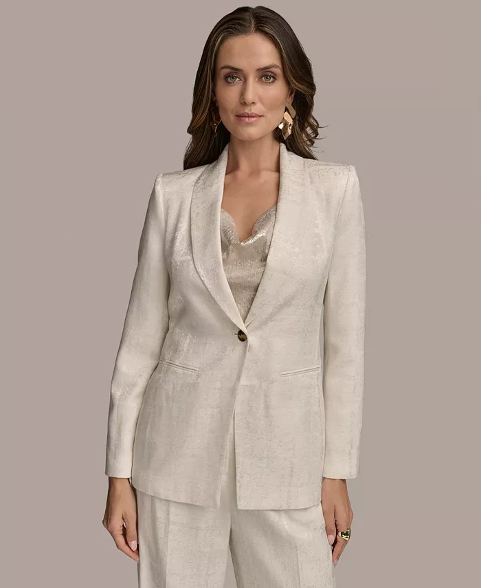 Donna Karan New York Women's Linen-Blend Jacquard One-Button Blazer Regular & Petite Women's Fashion Shoes & Accessories