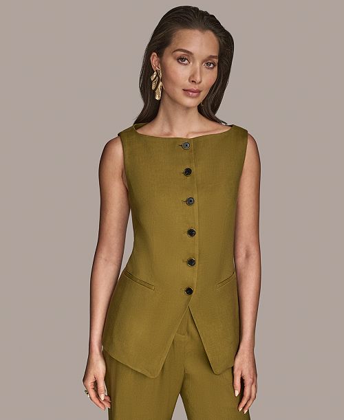 Donna Karan New York Women's Linen-Blend Vest Regular & Petite Women's Fashion Shoes & Accessories