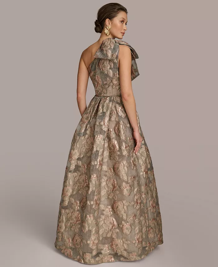 Donna Karan New York Women's Metallic Jacquard One-shoulder Bow Floral Ball Gown Women's Fashion Shoes & Accessories