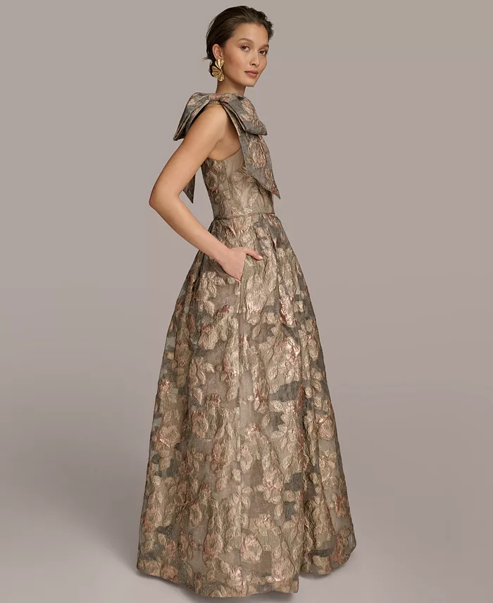 Donna Karan New York Women's Metallic Jacquard One-shoulder Bow Floral Ball Gown Women's Fashion Shoes & Accessories