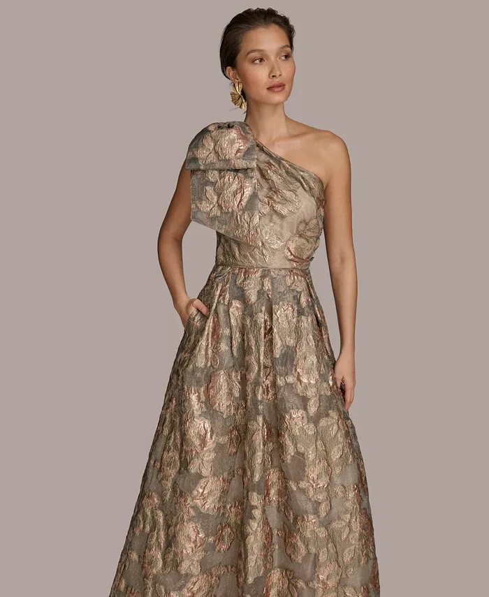 Donna Karan New York Women's Metallic Jacquard One-shoulder Bow Floral Ball Gown Women's Fashion Shoes & Accessories