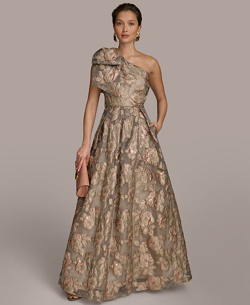 Donna Karan New York Women's Metallic Jacquard One-shoulder Bow Floral Ball Gown Women's Fashion Shoes & Accessories