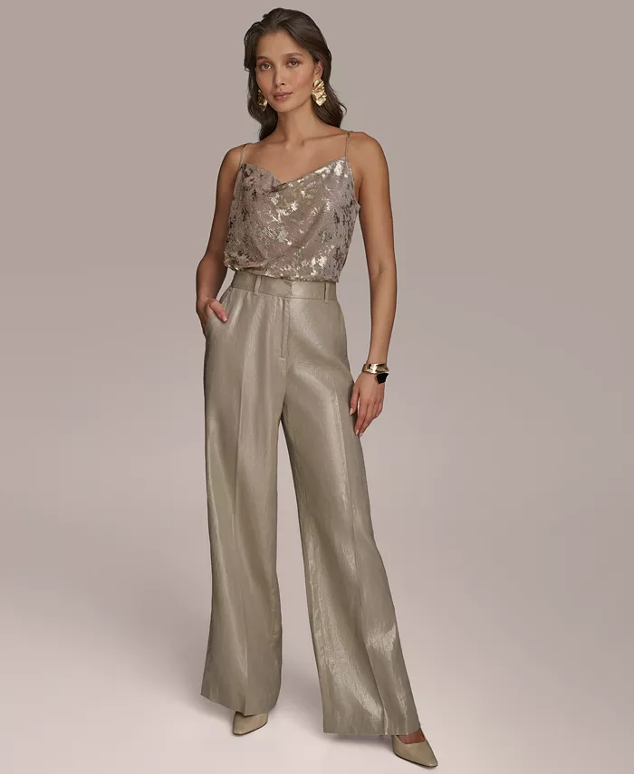 Donna Karan New York Women's Metallic Linen Wide-Leg Pants Women's Fashion Shoes & Accessories