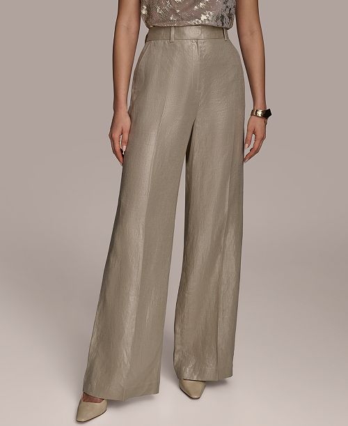 Donna Karan New York Women's Metallic Linen Wide-Leg Pants Women's Fashion Shoes & Accessories