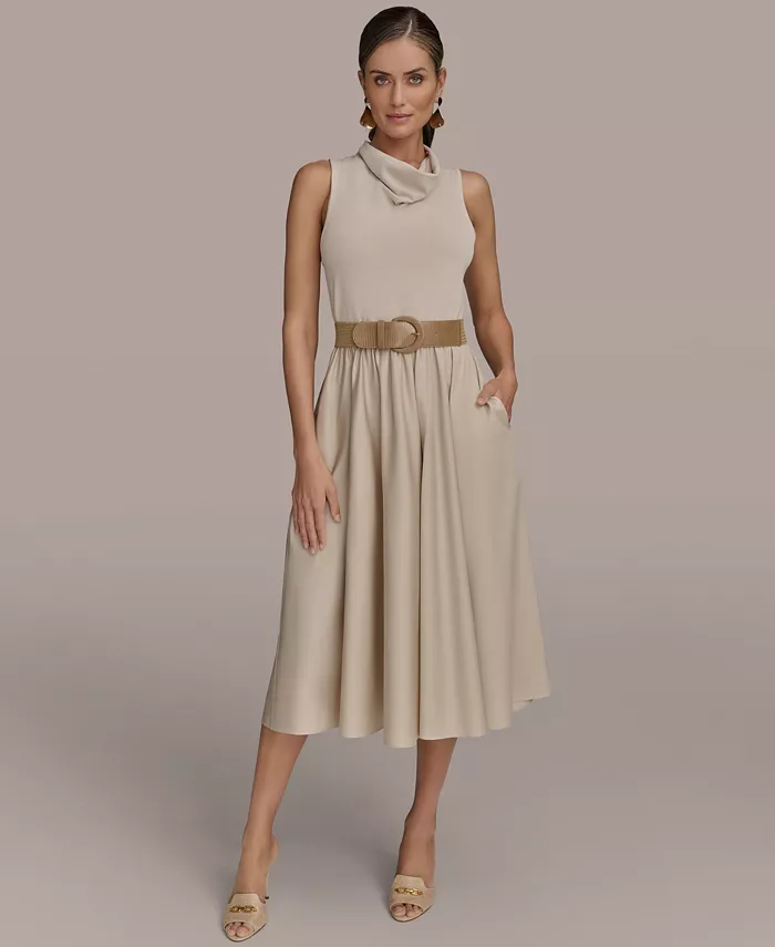 Donna Karan New York Women's Mixed-Media Belted Midi Dress Women's Fashion Shoes & Accessories