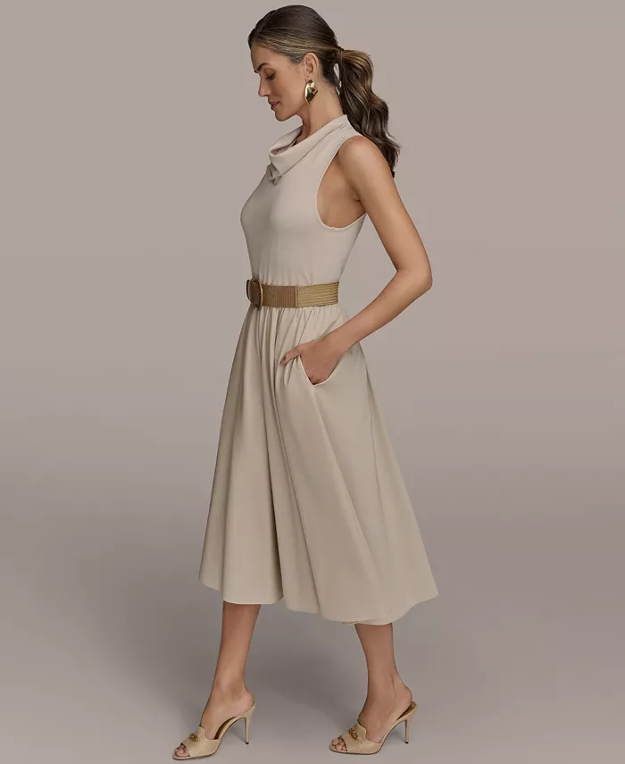 Donna Karan New York Women's Mixed-Media Belted Midi Dress Women's Fashion Shoes & Accessories