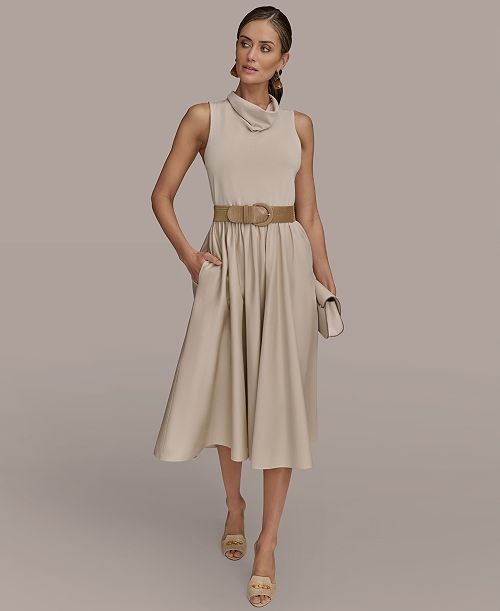 Donna Karan New York Women's Mixed-Media Belted Midi Dress Women's Fashion Shoes & Accessories
