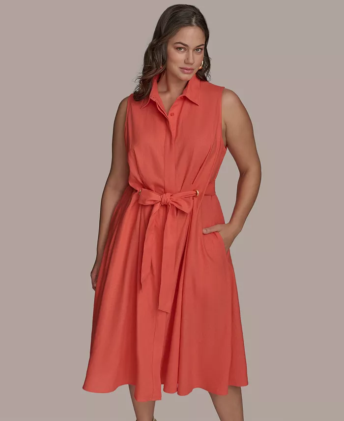 Donna Karan New York Women's Plus Size Linen-Blend Shirt Dress Women's Fashion Shoes & Accessories