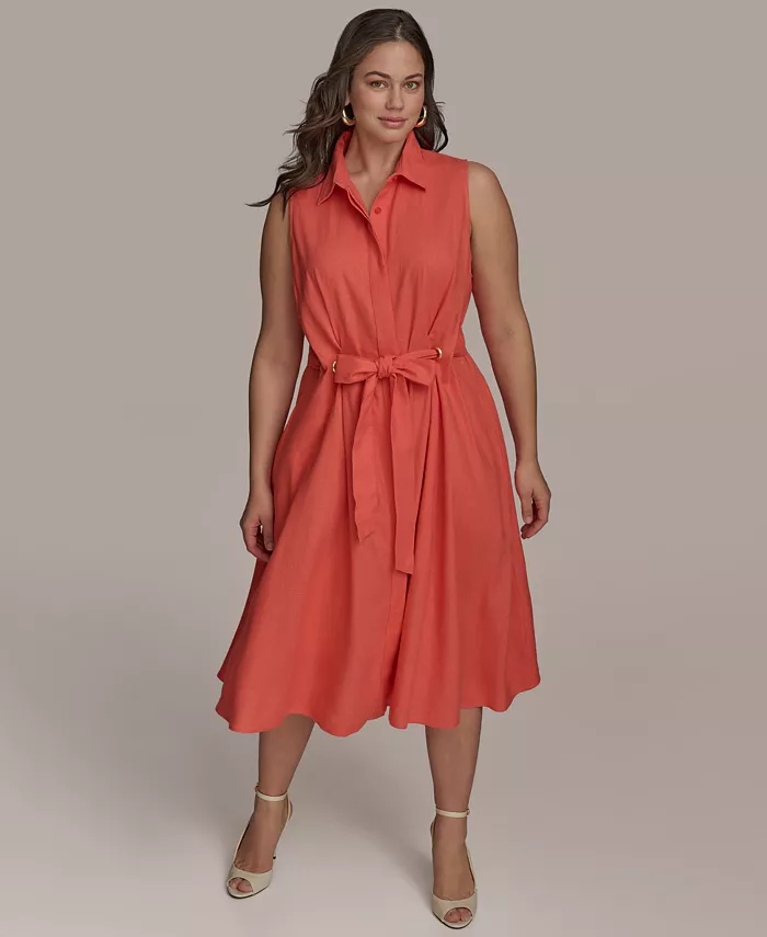 Donna Karan New York Women's Plus Size Linen-Blend Shirt Dress Women's Fashion Shoes & Accessories