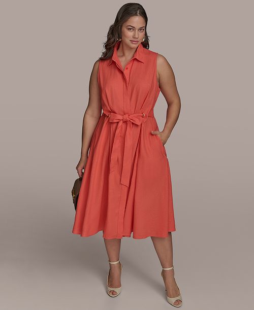 Donna Karan New York Women's Plus Size Linen-Blend Shirt Dress Women's Fashion Shoes & Accessories