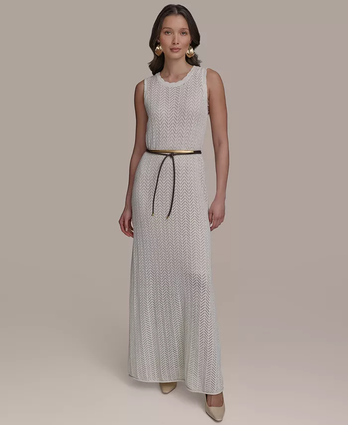 Donna Karan New York Women's Pointelle Knit Belted Dress Women's Fashion Shoes & Accessories