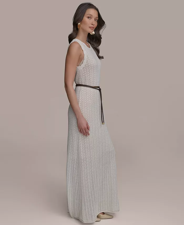 Donna Karan New York Women's Pointelle Knit Belted Dress Women's Fashion Shoes & Accessories