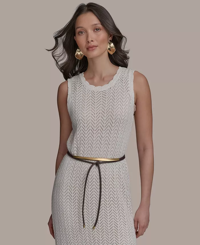 Donna Karan New York Women's Pointelle Knit Belted Dress Women's Fashion Shoes & Accessories