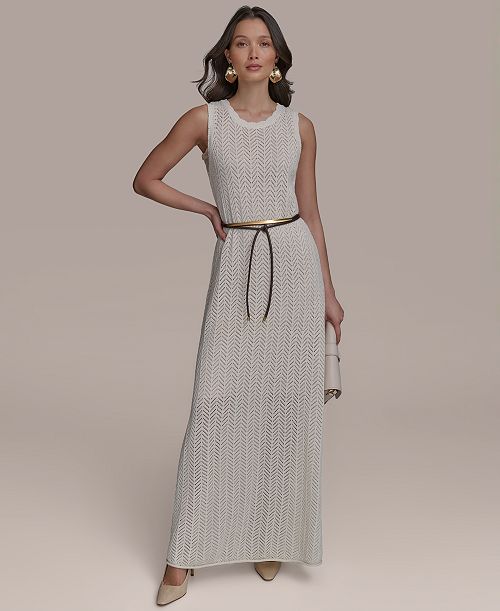 Donna Karan New York Women's Pointelle Knit Belted Dress Women's Fashion Shoes & Accessories