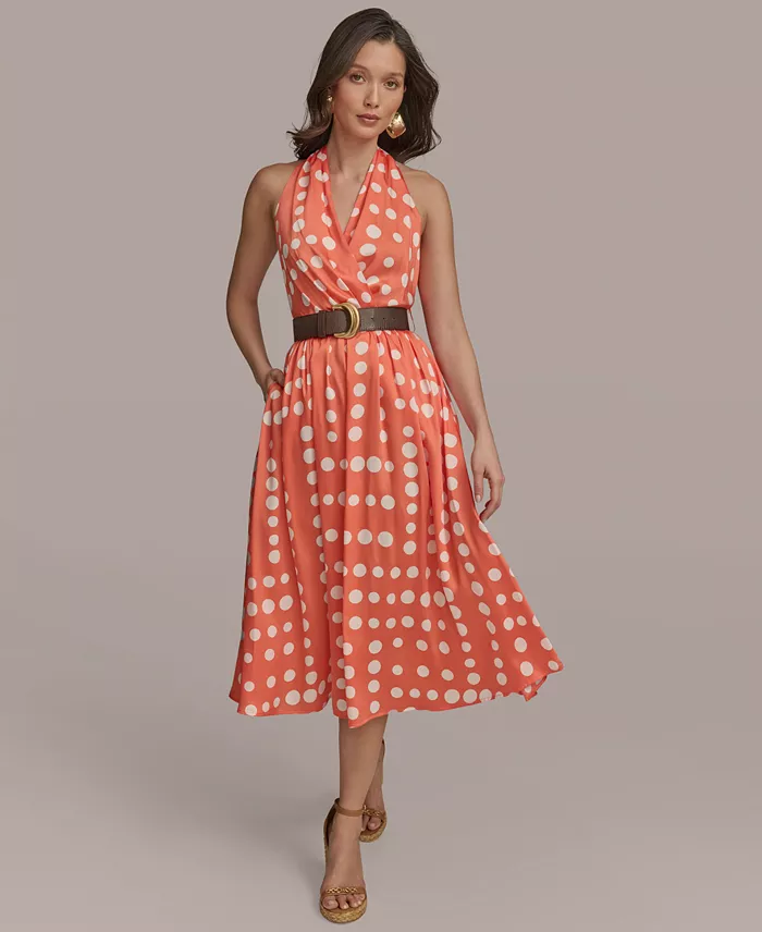 Donna Karan New York Women's Polka-Dot Belted A-Line Dress Women's Fashion Shoes & Accessories