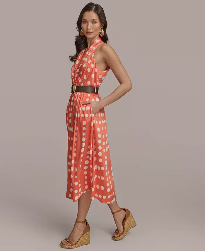 Donna Karan New York Women's Polka-Dot Belted A-Line Dress Women's Fashion Shoes & Accessories