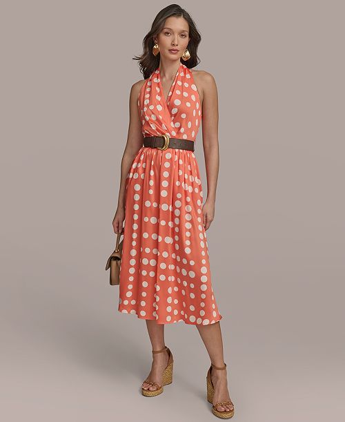 Donna Karan New York Women's Polka-Dot Belted A-Line Dress Women's Fashion Shoes & Accessories