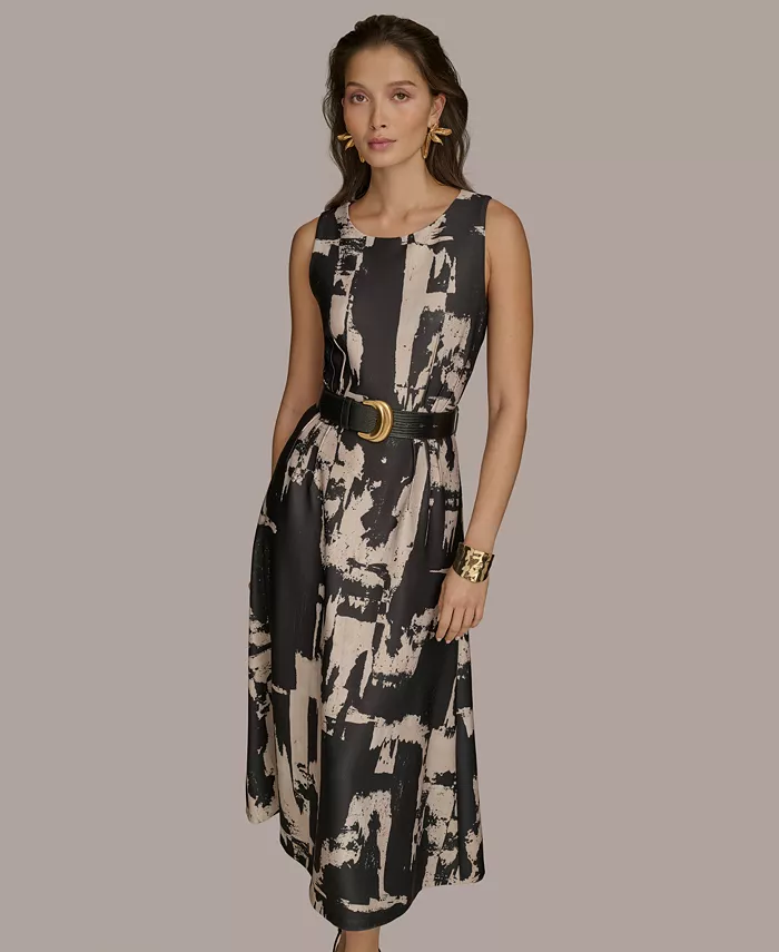 Donna Karan New York Women's Printed Belted A-Line Dress Women's Fashion Shoes & Accessories