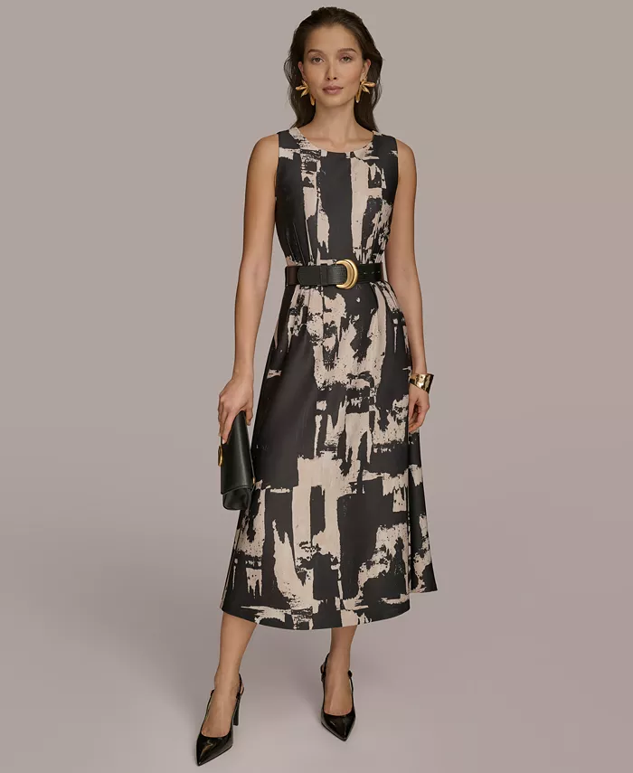 Donna Karan New York Women's Printed Belted A-Line Dress Women's Fashion Shoes & Accessories
