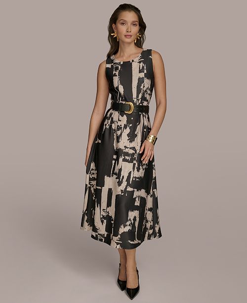 Donna Karan New York Women's Printed Belted A-Line Dress Women's Fashion Shoes & Accessories