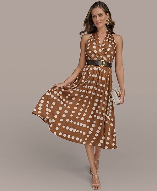 Donna Karan New York Women's Printed Belted Sleeveless Dress Women's Fashion Shoes & Accessories