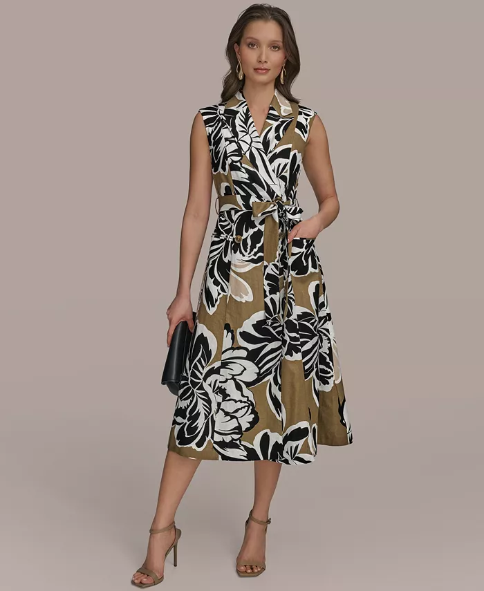 Donna Karan New York Women's Printed Faux-Wrap Midi Dress Women's Fashion Shoes & Accessories