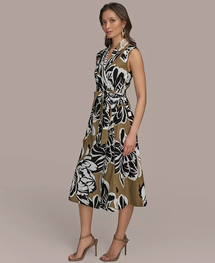 Donna Karan New York Women's Printed Faux-Wrap Midi Dress Women's Fashion Shoes & Accessories