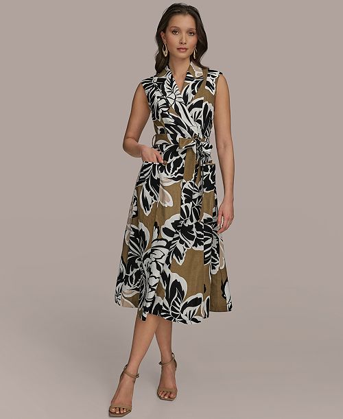 Donna Karan New York Women's Printed Faux-Wrap Midi Dress Women's Fashion Shoes & Accessories