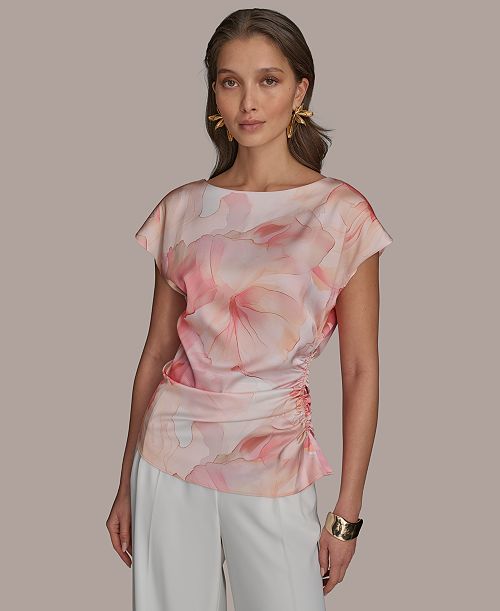 Donna Karan New York Women's Printed Short Sleeve Blouse Women's Fashion Shoes & Accessories