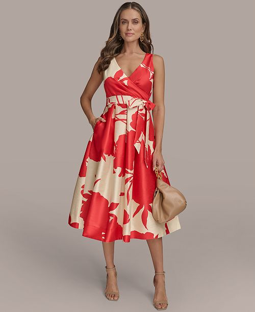 Donna Karan New York Women's Printed Tie-waist V-neck A-line Dress Women's Fashion Shoes & Accessories