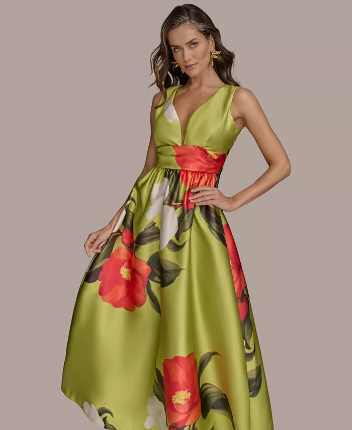 Donna Karan New York Women's Printed V-neck Floral Mikado Gown Women's Fashion Shoes & Accessories