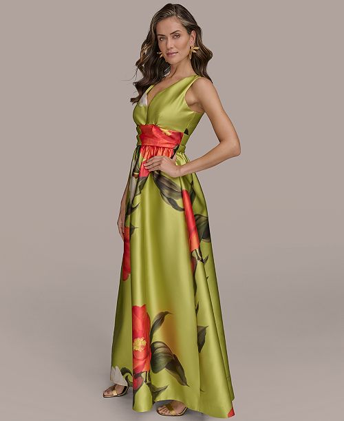 Donna Karan New York Women's Printed V-neck Floral Mikado Gown Women's Fashion Shoes & Accessories