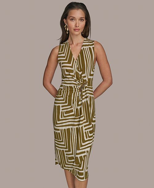 Donna Karan New York Women's Printed V-Neck Sleeveless Dress Women's Fashion Shoes & Accessories