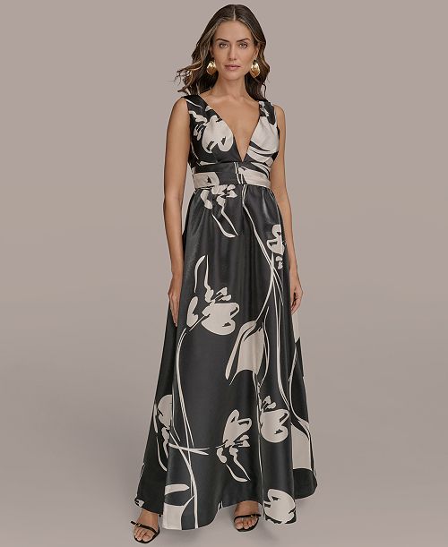 Donna Karan New York Women's Printed V-Neck Sleeveless Gown Women's Fashion Shoes & Accessories