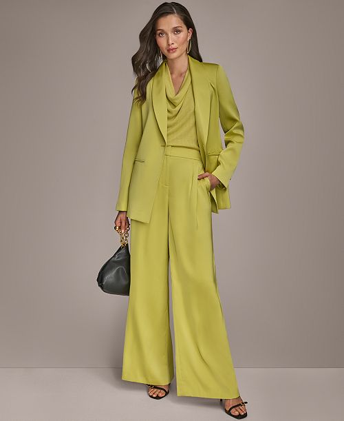 Donna Karan New York Women's Satin One-Button Jacket & Wide-Leg Pants Regular & Petite Women's Fashion Shoes & Accessories