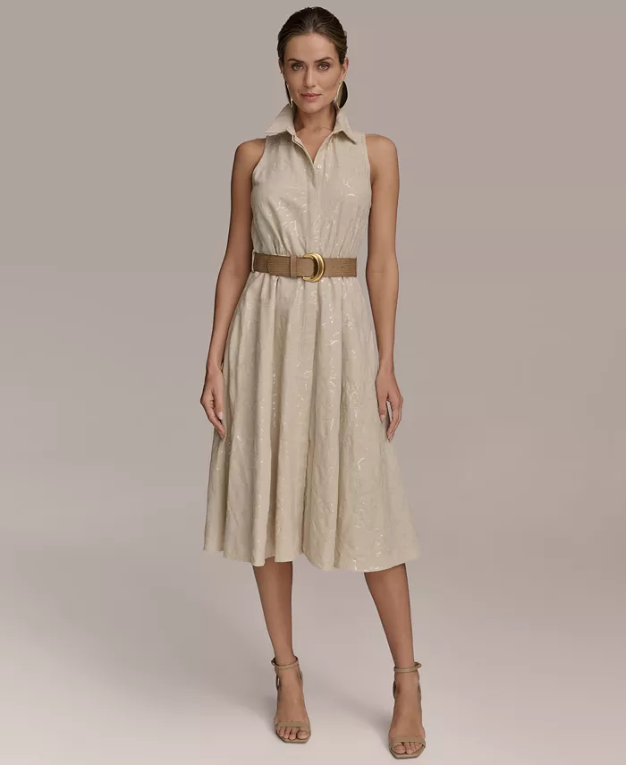 Donna Karan New York Women's Sequin Embellished Linen Belted Shirtdress Women's Fashion Shoes & Accessories