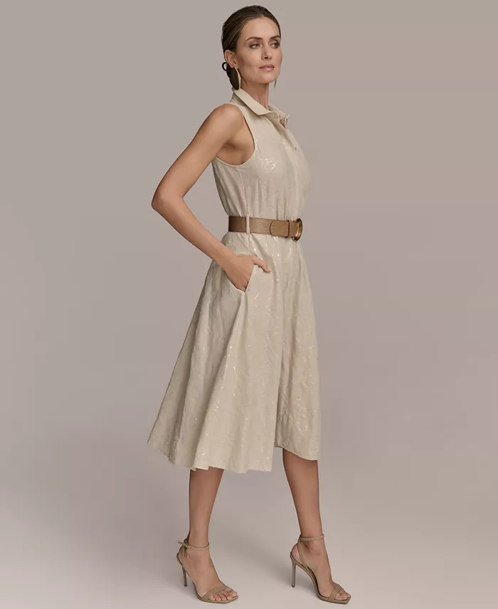 Donna Karan New York Women's Sequin Embellished Linen Belted Shirtdress Women's Fashion Shoes & Accessories