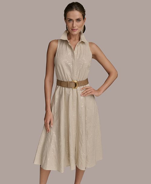 Donna Karan New York Women's Sequin Embellished Linen Belted Shirtdress Women's Fashion Shoes & Accessories