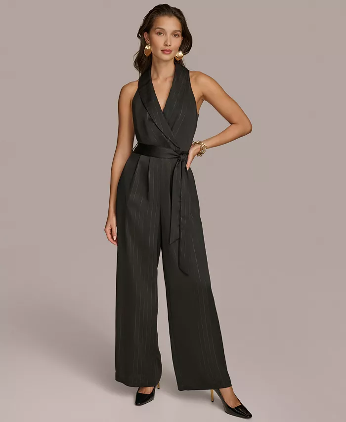 Donna Karan New York Women's Shawl-Collar Tie-Waist Jumpsuit Women's Fashion Shoes & Accessories