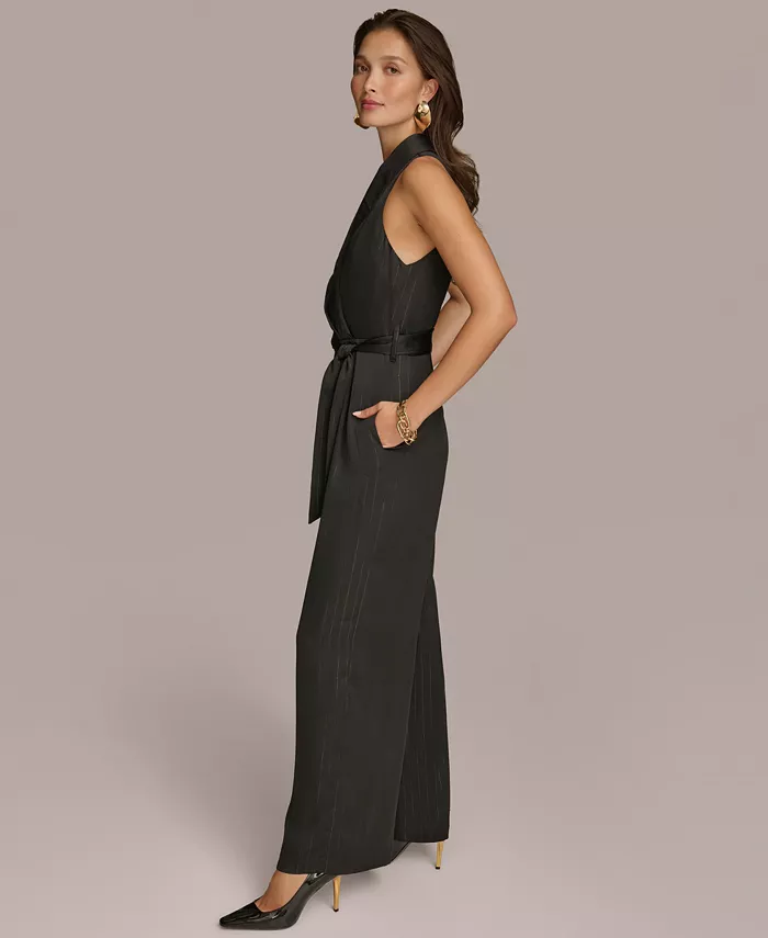 Donna Karan New York Women's Shawl-Collar Tie-Waist Jumpsuit Women's Fashion Shoes & Accessories
