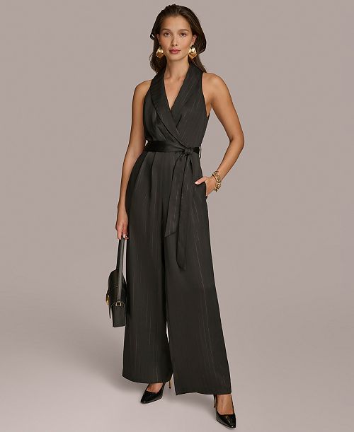 Donna Karan New York Women's Shawl-Collar Tie-Waist Jumpsuit Women's Fashion Shoes & Accessories