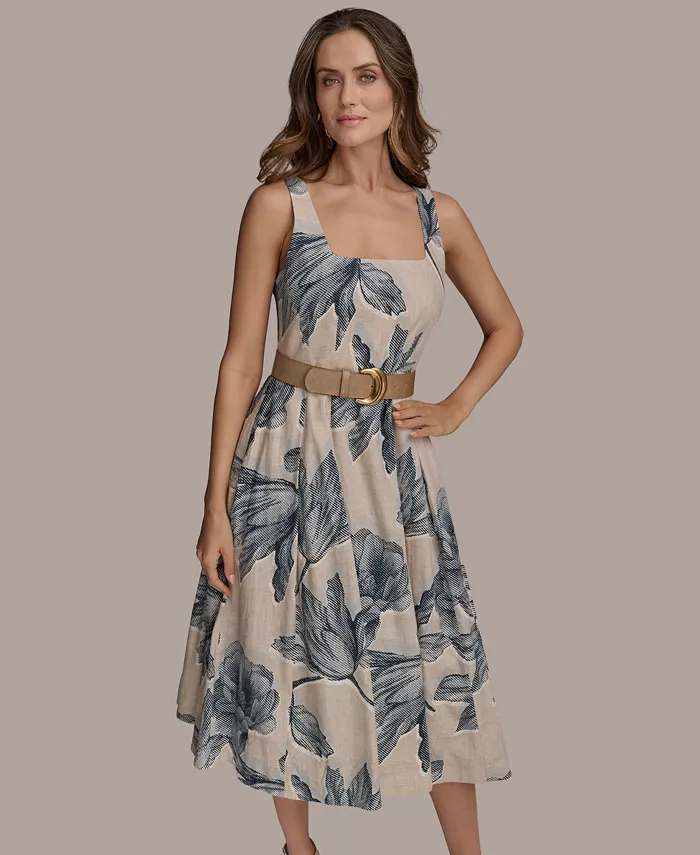 Donna Karan New York Women's Sleeveless Linen-Blend Belted Dress Women's Fashion Shoes & Accessories