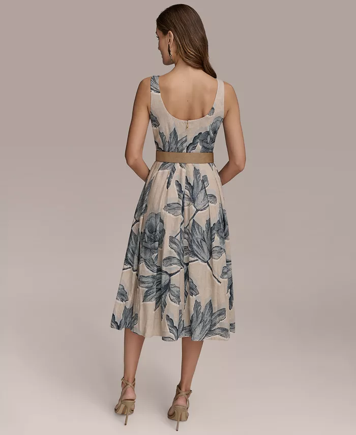 Donna Karan New York Women's Sleeveless Linen-Blend Belted Dress Women's Fashion Shoes & Accessories
