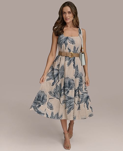 Donna Karan New York Women's Sleeveless Linen-Blend Belted Dress Women's Fashion Shoes & Accessories