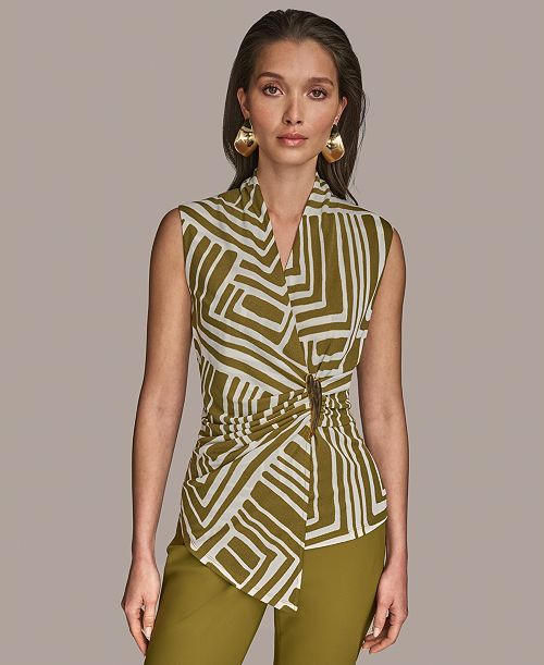 Donna Karan New York Women's Sleeveless Printed V-Neck Top Women's Fashion Shoes & Accessories